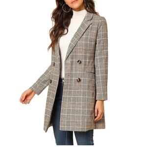 Allegra K Double Breasted Notched Lapel Plaid Trench Blazer Coat Womens L EUC